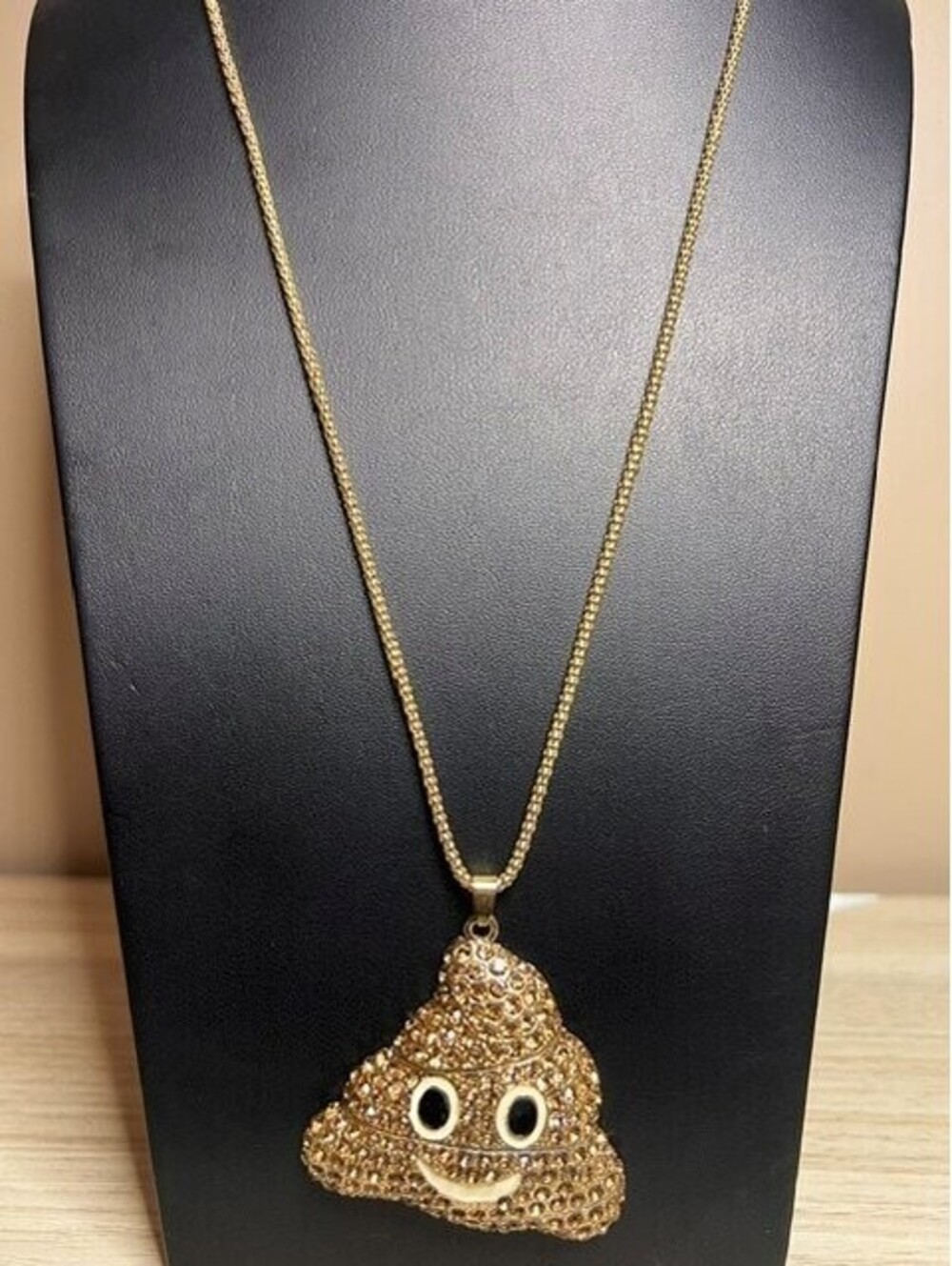 B6652 Betsey Johnson Poop Emoji Pendant Necklace Rhinestone Gold Tone 24"